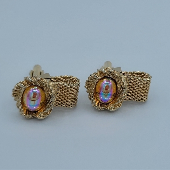 Goldtone Cufflinks Amber Tone Cabachon Aurora Borealis Finish #1182 - Picture 3 of 13
